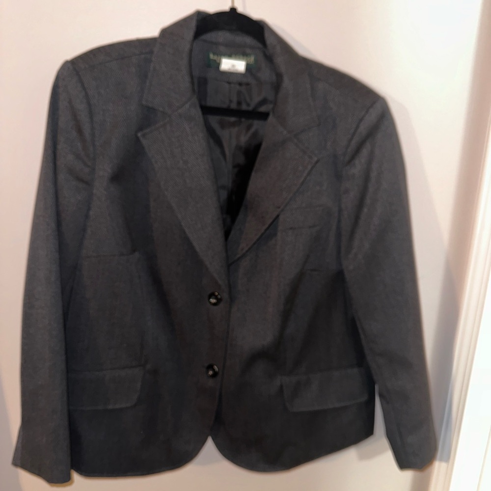 Blazer- dark grey, built in shoulder pads, professional, 20w, dry clean.